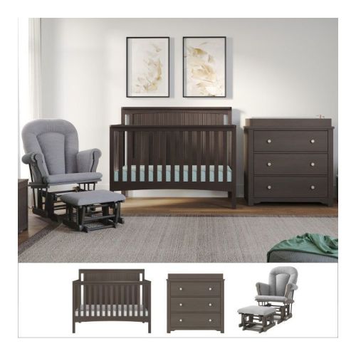 Child Craft Scout 3-Piece Nursery Set with 4-in-1 Convertible Crib, Dresser with Changing Table Topper, and Cozy Glider