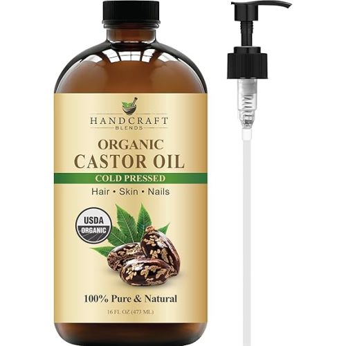 Handcraft Blends Cold-Pressed Organic Castor Oil 16 Fl Oz | Glass Bottle | 100% Pure and Natural | Premium Grade Carrier Oil | Hair, Eyelashes and Eyebrows | Hair and Body