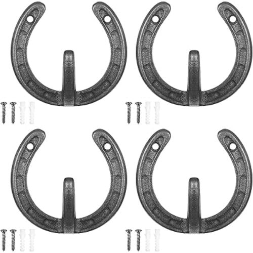 4 Pcs Cast Iron Horseshoe Shaped Wall Hooks - Vintage Coat Hat Horse Hanger - Farmhouse Decorative Hooks for Hanging Robe Towels Coats Bags