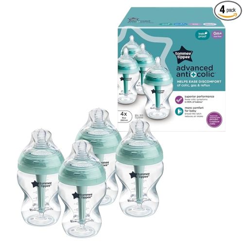 Tommee Tippee Advanced Anti-Colic Baby Bottles, Newborn 0m+, 9oz | Pack of 4, Slow Flow Breast-Like Nipple, Clear, BPA Free