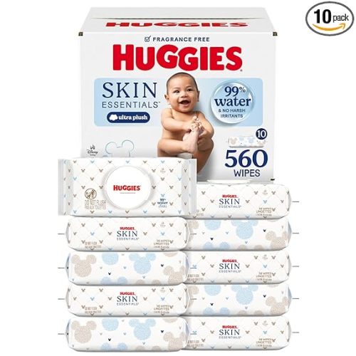 Huggies Skin Essentials Baby Wipes, Hypoallergenic, 99% Water, 10 Flip Top Packs (560 Wipes Total)
