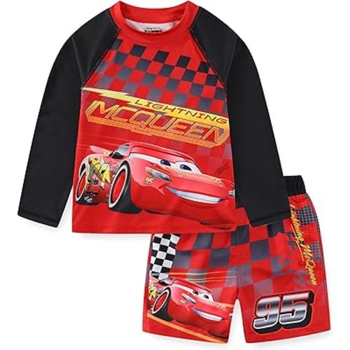 Disney Cars Lightning McQueen Boys UPF 50+ Rash Guard and Swim Trunks Swimsuit Set for Toddler and Big Kids