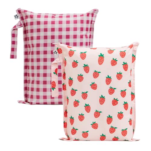 Tiny Twinkle Mess Proof Wet Bags | 2-Pack Reusable Waterproof Wet Bags for Swimsuits | Baby Clothes | Travel & Diaper Bag (Strawberries,Raspberry Gingham)
