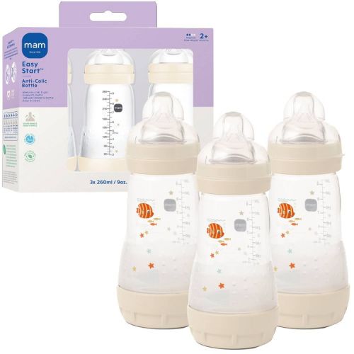 MAM Easy Start Anti-Colic Baby Bottle - Cream - 9oz/3pk: BPA-Free, Medium Flow, Silicone Nipple