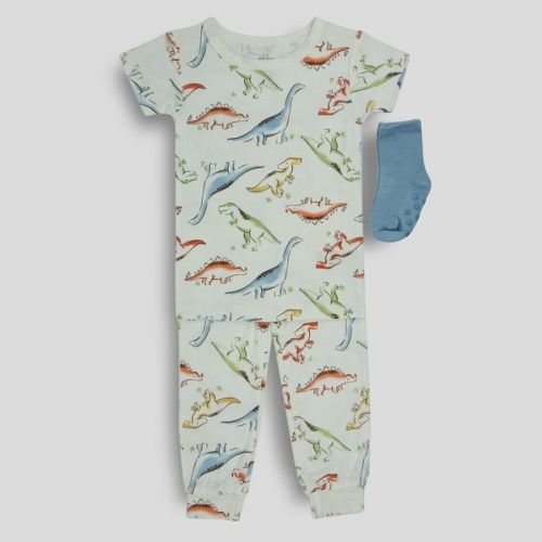 Milkberry Soft Bamboo Pajamas Infant Pajama Set Boys in White Colorful Dinosaurs Pattern - Size 12 Months