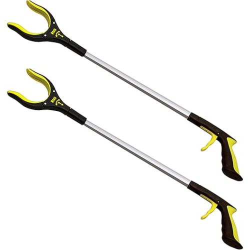 RMS 2-Pack 34 Inch Extra Long Grabber Reacher with Rotating Jaw - Mobility Aid Reaching Assist Tool (Yellow)