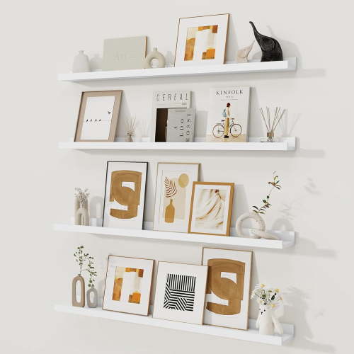Picture Ledge Shelf, White Floating Shelves Set of 4, 36 Inch Picture Shelves for Wall with Ledge, Large Nursery Book Shelf for Toys Storage, Living Room, Bedroom Decor Frames