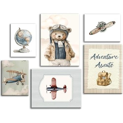 6Pcs Vintage Baby Boy Nursery Canvas Wall Art Blue Teddy Bear Airplane Travel Pictures Wall Decor Nursery Aviation Poster Prints for Bedroom Playroom Kids Room Home Decoration 12"x16"
