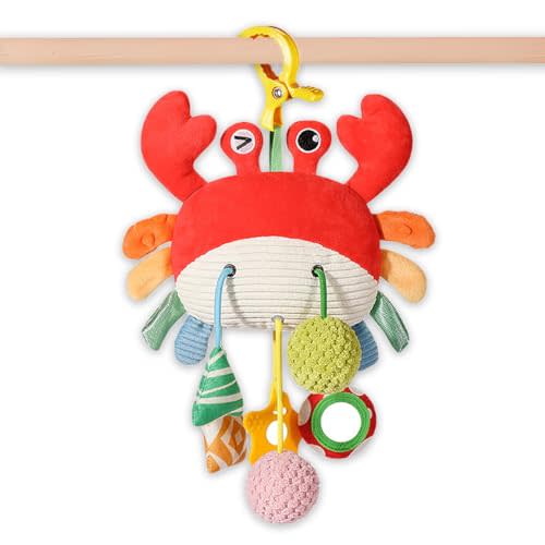 Vamotto Crab Car Seat & Stroller Toy for Babies 0-12 Months, Sensory Hanging Toy with Rattle, Mirror, Squeaker, BPA-Free Pull Strings, Fine Motor Skills Baby Gift for Newborn Infant Boy Girl