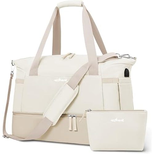 ETRONIK Gym Bag for Women, 45L Carry On Travel Duffel Bag with Shoes Compartment, Weekender Overnight Bag with Wet Pocket & USB Charging Port for Women, Travel, Gym, Weekend, Large Size (Khaki//Beige)