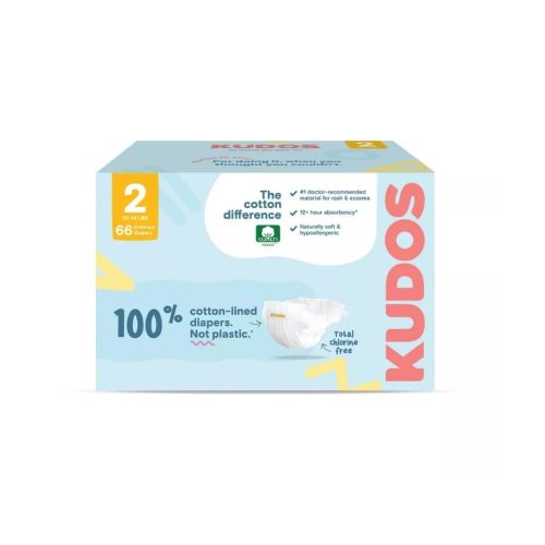 Kudos Chlorine Free Premium Diapers, 100% Cotton-Lined, Size 2, 66 Count, 10-14 lbs