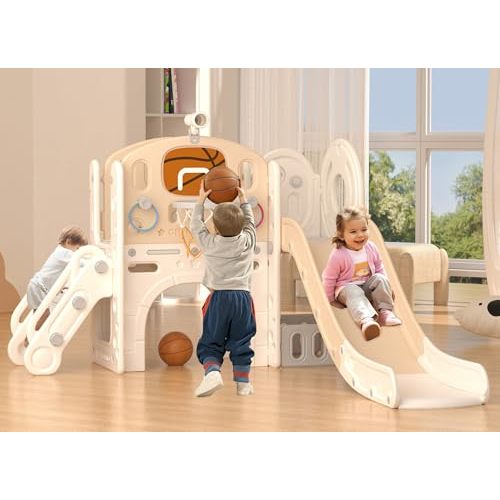 XJD 8 in 1 Toddler Slide Set, Kids Slide for Toddlers Age 1-3 | Toddler Outdoor PlaySet with Basketball Hoop and Ball,Outdoor Indoor Playground for Toddlers