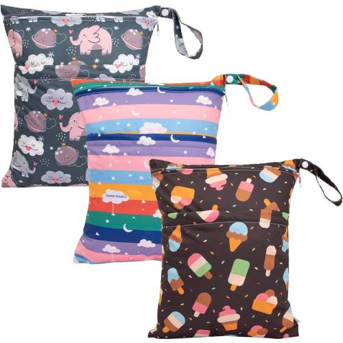 babygoal Wet Dry Bags 3 Pack for Baby Cloth Diapers, Washable Travel Bags, Beach, Pool, Gym Bag for Swimsuits & Wet Clothes with Two Zippered Pockets 3LN27