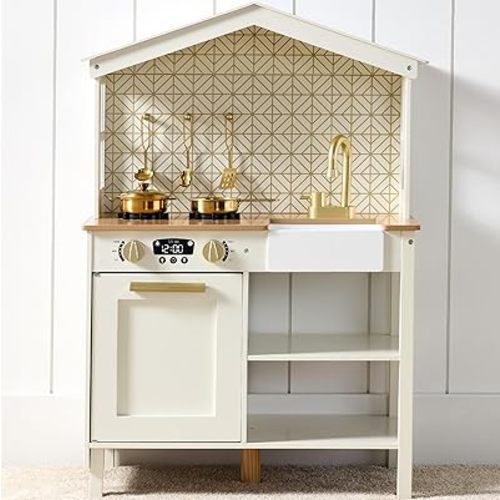 Best Choice Products Pretend Play Wooden Farmhouse Kitchen Set for Kids w/Toy Storage, Clicking Knobs, Windows, 5 Accessories Included - Cream