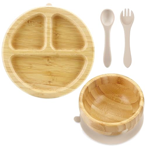 PandaEar Bamboo Suction Feeding Set for Babies | Natural Wood Suction Plate & Bowl with Silicone Spoon and Fork | Baby Led Weaning Set for Toddlers & Kids, BPA-Free