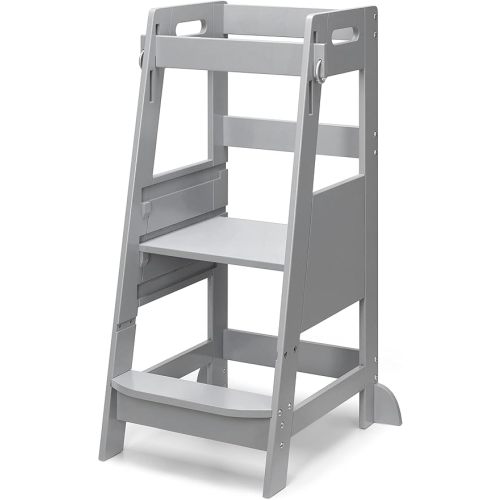 TOETOL Bamboo Toddler Step Stool Grey Learning Standing Helper Tower for Toddlers Kitchen Stools Counter 3 Height Adjustable Helper with Non-Slip Mat