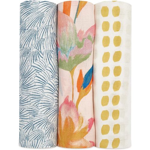 aden + anais Silky Soft Swaddle Blanket | 100% Bamboo Viscose Muslin Blankets for Girls & Boys | Baby Receiving Swaddles | Ideal Newborn & Infant Swaddling Set | 3 Pack, Marine Gardens