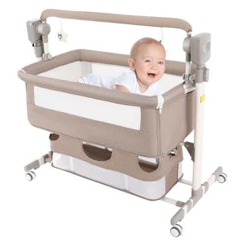 Smart Baby Bassinet Bedside Sleeper with Auto Rocking, 5 Swing Speeds & 3 Timer Settings, Bluetooth Music, Height Adjustable (18.1-19.7in), 44lbs Capacity for Newborns 0-24 Months, Khaki