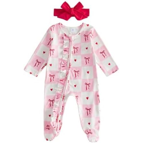 My First Valentines Day Baby Girl Outfit Newborn Heart Bow Onesie Romper Long Sleeve Jumpsuit Coming Home Clothes