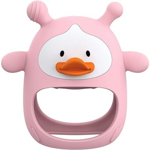 Never Drop Silicone Baby Teether, Hand Pacifier for Sucking Babies 0-6 Months, Soothing Pain Relief, Best Chew Toy for Teething, Mitten for New Born - Pink