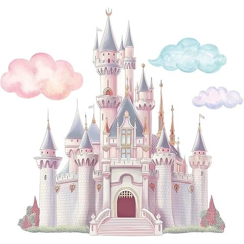 PLIGREAT Princess Castle Wall Decals, Watercolor Cloud Fairy Castle Wall Sticker, Large Vinyl Removable Peel and Stick Wall Decal for Girls Bedroom Nursery Living Room Home Indoor Wall Art Decoration