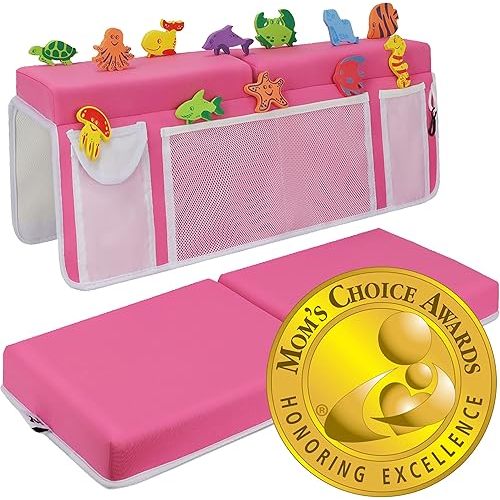 Supa Ant Baby Bath Kneeler and Elbow Rest Pad Set - The Only Certified Extra Thick Bathtub Kneeler with Built-in 5 Pockets Organizer (8-Suction Cup) Bath Kneeling Pad for Bathing Baby (Pink)