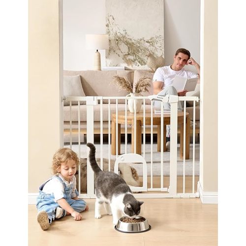 Babelio Upgraded Baby Gate with Adjustable Cat Door, CatPrivilege Ⅲ, 29-43" Auto Close Durable Dog Gate for Stairs, Doorways and House, Easy Walk Thru Safety Gate with Pet Door, White