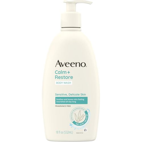 Aveeno Calm + Restore Daily Body Wash for Sensitive, Delicate Skin, Gentle Cleanser with Oat, Aloe & Pro-Vitamin B5 Soothes & Leaves Skin Feeling Nourished, Fragrance Free, 18 fl. oz