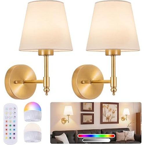 Battery Operated Wall Sconce Set of 2, Rechargeable Wireless Wall Lights with fabric Lampshade, 5000mAh Dimmable Bulbs with Remote,15 Colors Wireless Wall Lamps for Bedroom Living Room Hallway Decor
