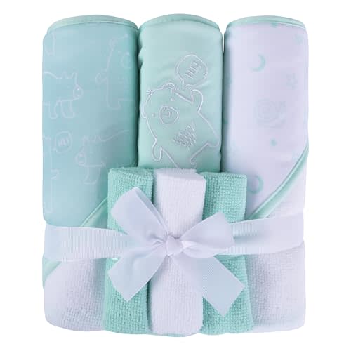 Viviland Baby Towels and Baby Wash Cloths Set Hooded Baby Towels Baby Wipes Absorbent Bath Face Towels Burp Cloths or Face Towels for Girl Boy 6-Pack Size 28 x 28 Inch(Green Bear)