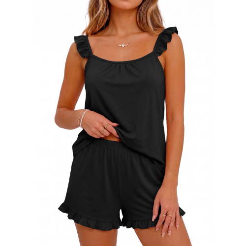 Anygrew Womens Pajama 2 Piece Ruffle Cami Pajama Set Soft Summer Lounge Set Comfy Cute Shorts Sleepwear Bridal Pajama With Pockets