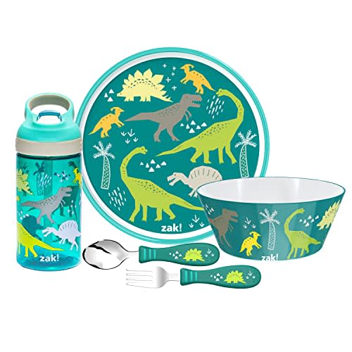 Zak Designs 5-Piece Dinnerware Set, Dinosaur - Durable Plastic & Stainless Steel - Includes Water Bottle, 8-Inch Plate, 6-Inch Bowl, Fork & Spoon - Suitable for Kids Ages 3+