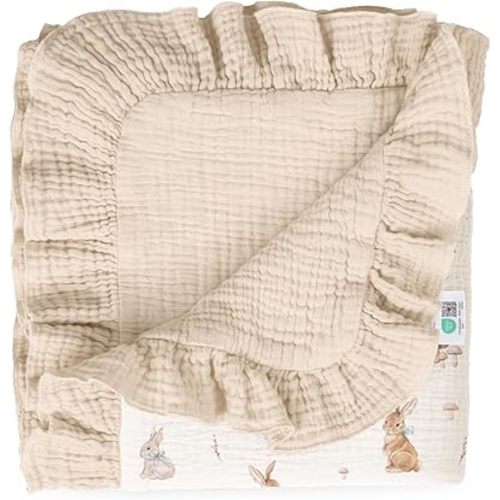lulumoon Muslin Baby Blanket for Girls: Breathable Soft Cotton with Ruffle Edge - Lightweight Crib Blanket for Stroller & Photography Backdrop 40"x36"(Bunny)