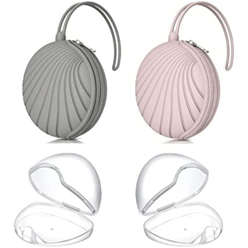 Smlpuame 4 Pack Pacifier Holder Case Set,2 Silicone Portable Pacifier Cover Pouch Bag for Diaper Bags Baby Carriage with 2 Transparent Pacifier Storage Container Box,Easy to Clean,Shell(Pink+Grey)