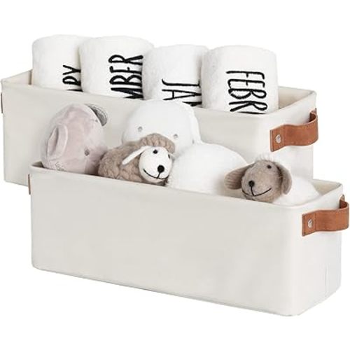 StorageWorks Narrow Storage Bins, Small Baskets for Organizing, Long Storage Basket with Handles, Fabric Storage Bins for Shelf, Beige, 2-Pack