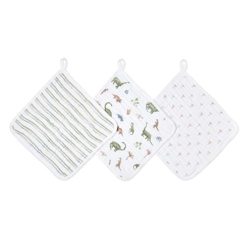 aden + anais Essentials Washcloth 3-Pack, Super Soft 100% Cotton Muslin - Dino Jungle