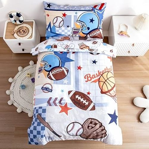 4-Piece Toddler Bedding Set for Boys - Soft & Skin Friendly Toddler Bed Set Includes Toddler Comforter, Flat Sheet, Fitted Sheet and Pillowcase (Sports)