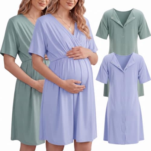 Cutecrop 2 Pack Labor and Delivery Gown for Hospital Maternity Nursing Short Sleeve Gown Button Back Birth Recovery Sleepwear