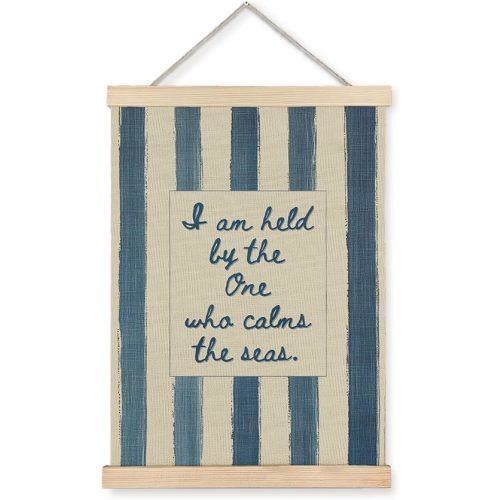 Yomisex Inspirational Christian Coastal Wall Art Poster, I Am Held By The One Who Calms The Seas Blue Beige Stripe Christian Ocean Beach Bible Verse Wall Art Framed for Home Church Decor, 12x16 Inch