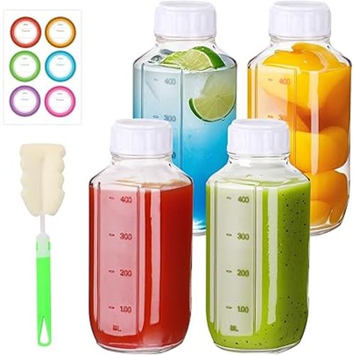 4 Pack 16oz Glass Juice Bottles with Lids, Reusable Milk Containers, Glass Drinking Jars for Juice, Bubble Tea, Smoothie, Tea, Kombucha