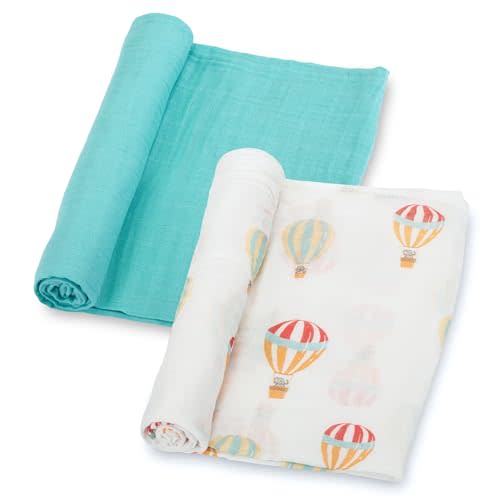 LollyBanks Baby Blankets 2 Pack, 100% Cotton Soft Muslin Swaddle Blanket for Boys and Girls, 47 x 47 Inches Lightweight and Breathable Newborn Receiving Blankets, Registry (Hot Ballons and Blue)
