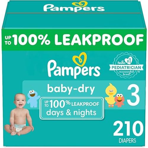 Pampers Baby Dry Diapers - Size 3, One Month Supply (210 Count), Absorbent Disposable Diapers