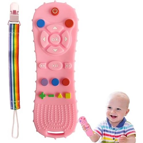 BEBECAN Silicone Remote Teething Toy for Baby – Safe Rubber Remote Chew Toy for Baby 3-24 Months, TV Remote Baby Toy Teether Remote Control Shape (Pink)