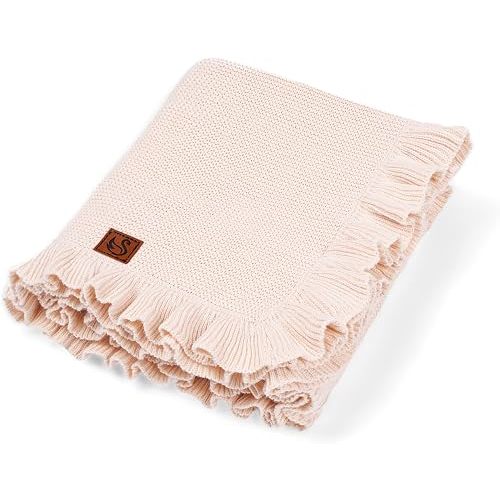 Ruffle Knit Blanket for Baby - 100% Luxury Soft Cotton Knit Warm Cozy Cuddle Stroller Crib Blanket for Newborns, Infants, & Toddlers (Beige)