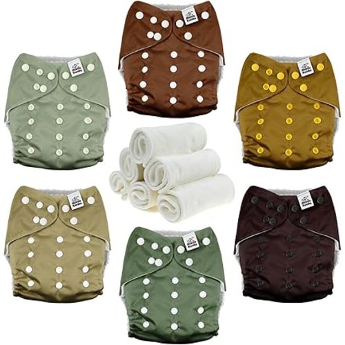 Mama Koala 3.0 Cloth Diapers for Babies with AWJ Lining, 6 Pack with 6 Natural Cloth Diaper Inserts - Reusable and Washable Pocket Diapers (Pinetree Cabin)