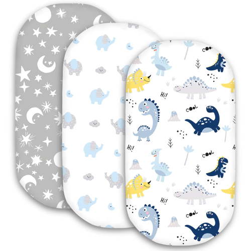 Plushii Bassinet Sheets for Baby Boys Girls 3 Pack, 33" x 18" Soft Bassinet Fitted Sheet, Bedside Sleeper Bassinet Sheets Fit for Oval Rectangle and Hourglass Bassinet Mattress (Dinosaur)
