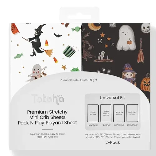 Halloween Pack n Play Sheets Fitted, Super Stretchy Jersey Mini Crib Sheets Fitted, Silky Comfort Pack and Play Mattress Sheets 2 Pack, Vampire, Black Cat, Pumpkin Deco