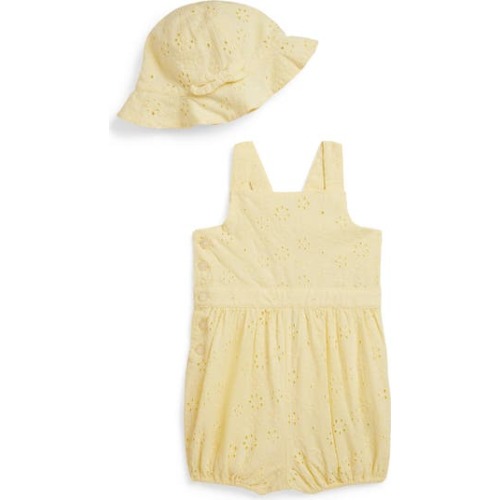 Bow Back Cotton Broderie Anglaise Bubble Romper & Sun Hat Set, 24M