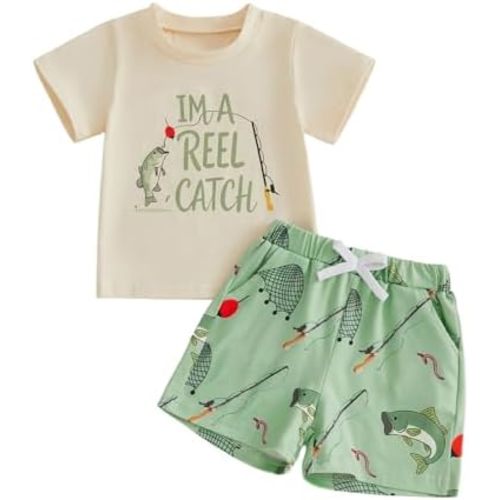 Bagilaanoe Toddler Baby Boy Summer Outfit Fish-themed Print Crew Neck Short Sleeve Tops and Shorts 2 Pcs Set