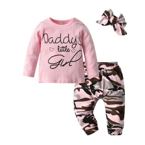 Newborn Baby Girl Clothes Long Sleeve Letter Ruffle Tops Camouflage Printed Pants and Headband Outfit Set Pink 9-12 Months